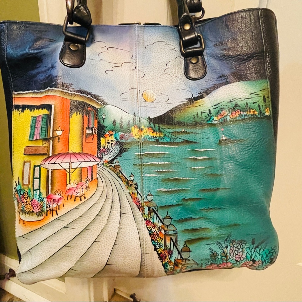 NWOT!! Anna by Anuschka Multicolor Hand-Painted Leather Tote Moonlit Capri